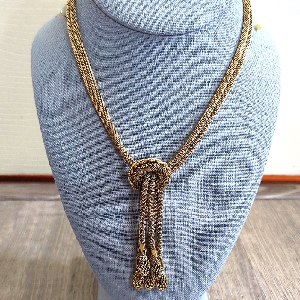 Vintage Kramer NY Double Mesh Gold Knot Necklace